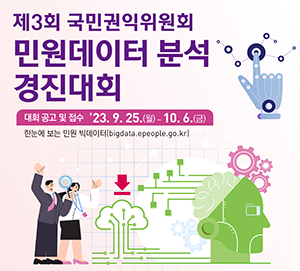제3회국민권익위원회 민원데이터분석 경진대회
대회공고및 접수 '23.9.25(월) - 10.6.(금)